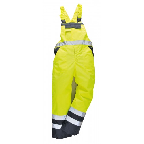 Portwest Contrast Lined Bib And Brace Overalls - Yellow, Size XXL, Waterproof With Quilted Lining
